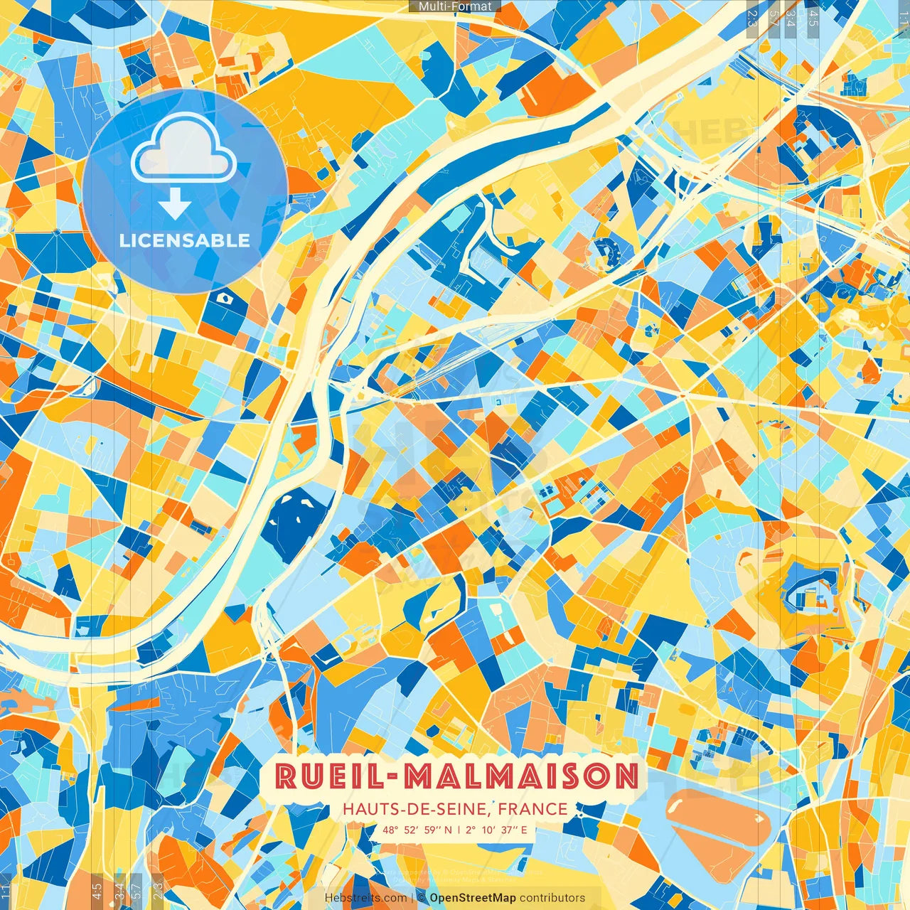 Rueil-Malmaison, Hauts-de-Seine, France blue and orange vector art map template