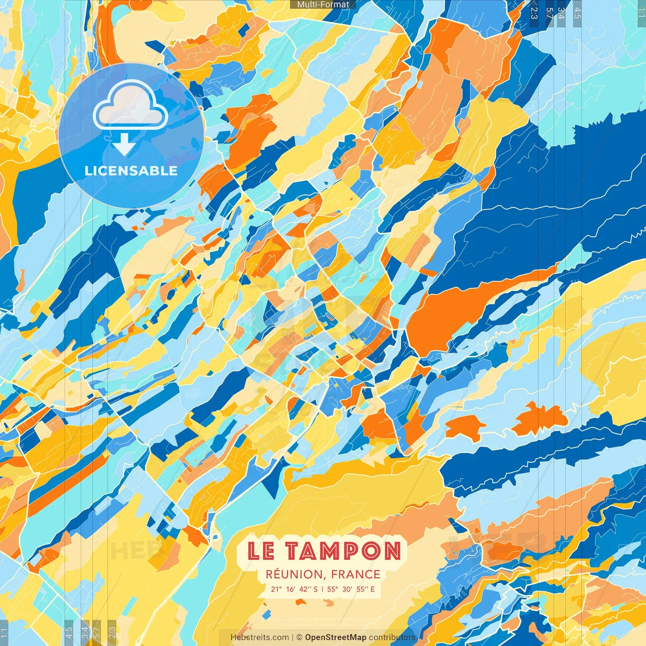 Le Tampon, Réunion, France blue and orange vector art map template