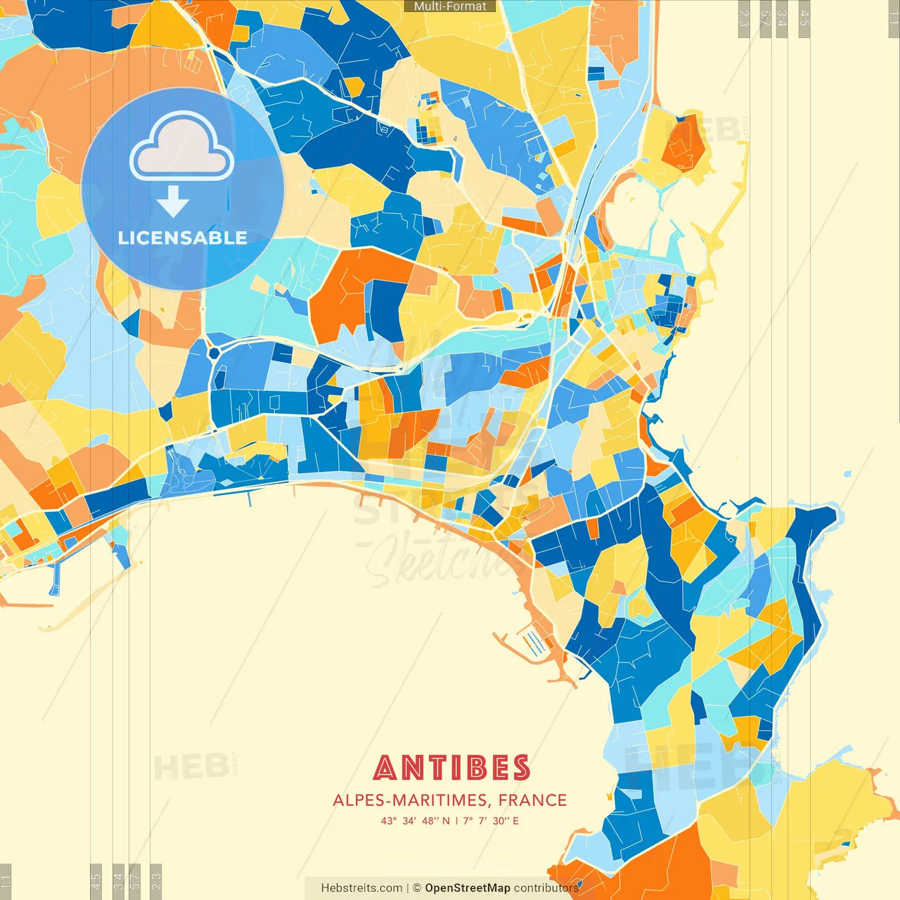 Antibes, Alpes-Maritimes, France blue and orange vector art map template