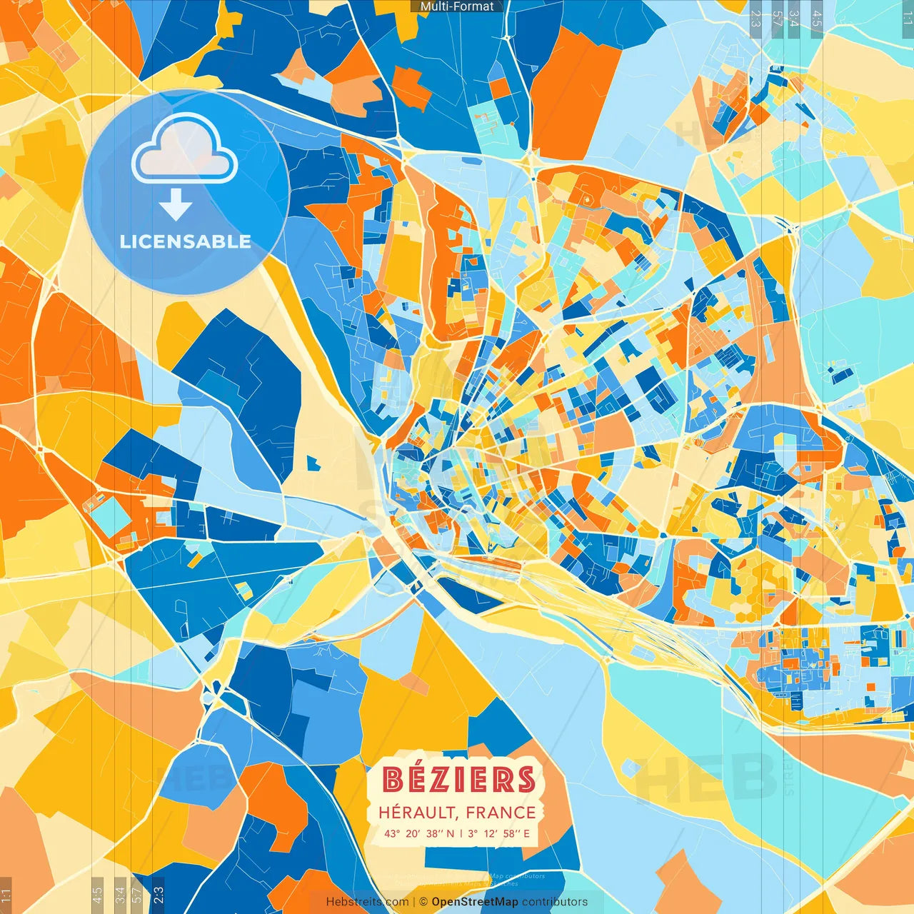 Béziers, Hérault, France blue and orange vector art map template