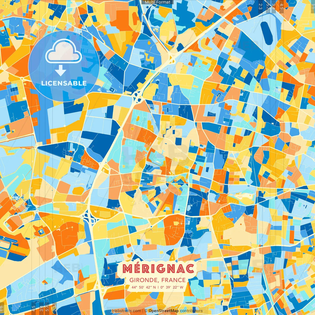 Mérignac, Gironde, France blue and orange vector art map template