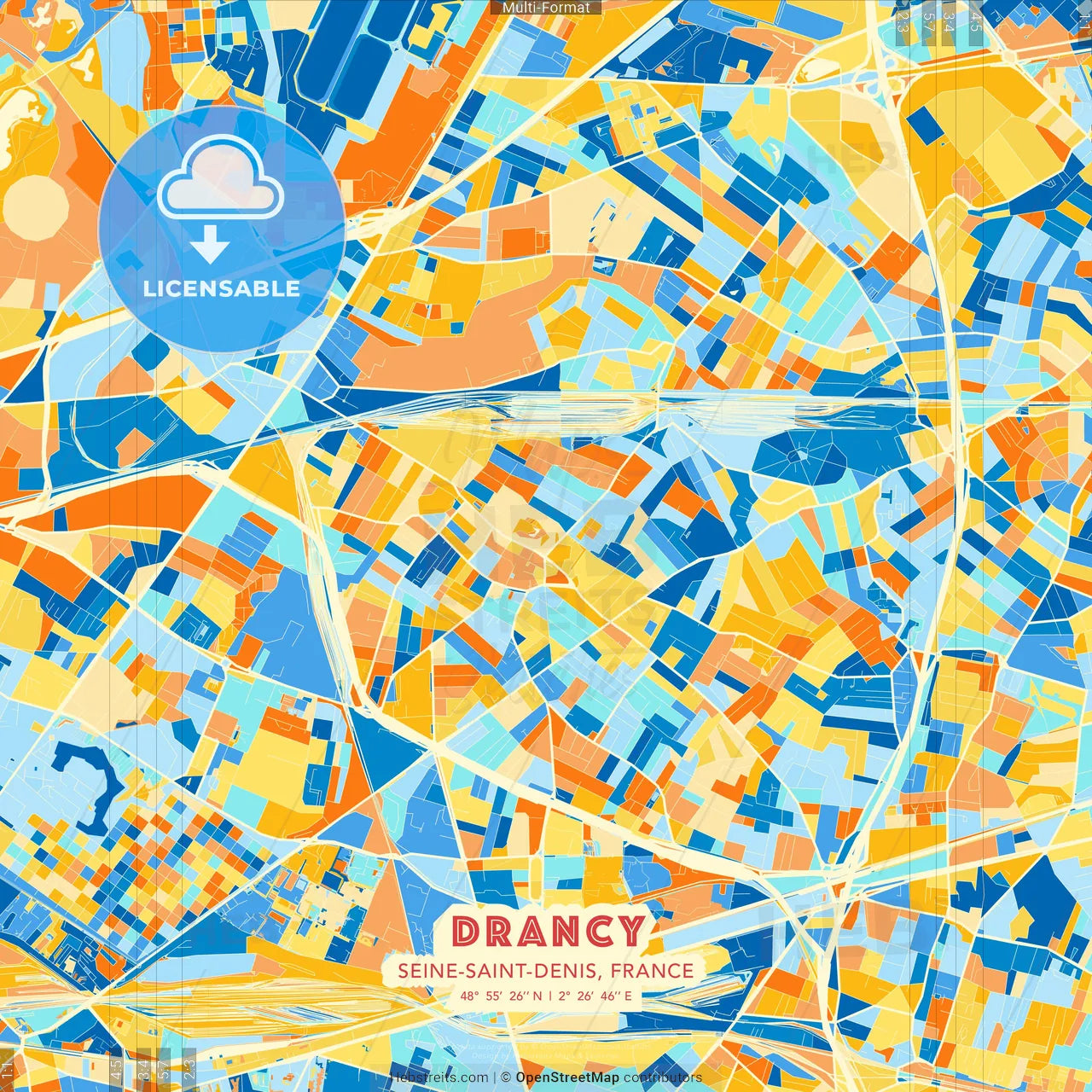 Drancy, Seine-Saint-Denis, France blue and orange vector art map template
