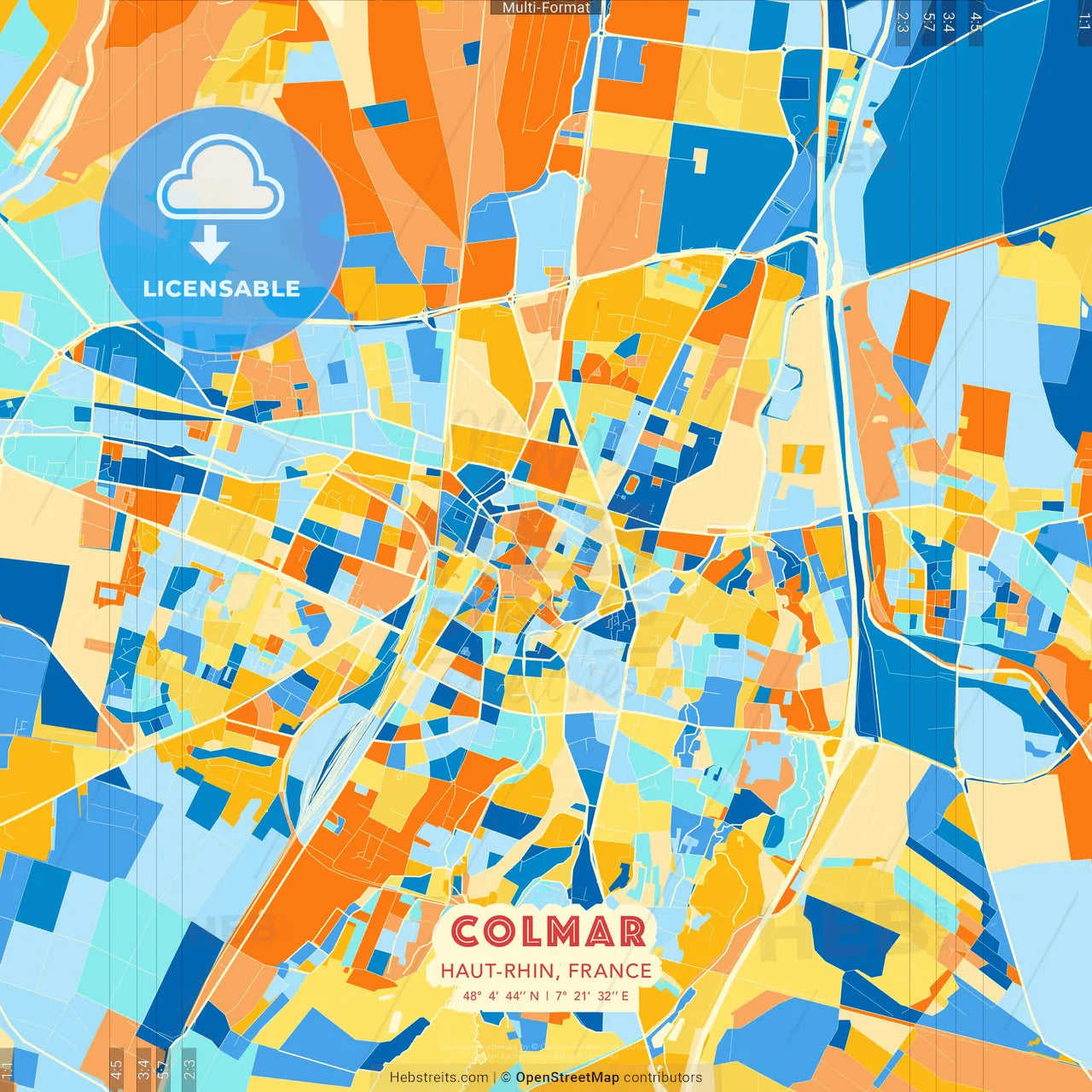 Colmar, Haut-Rhin, France blue and orange vector art map template