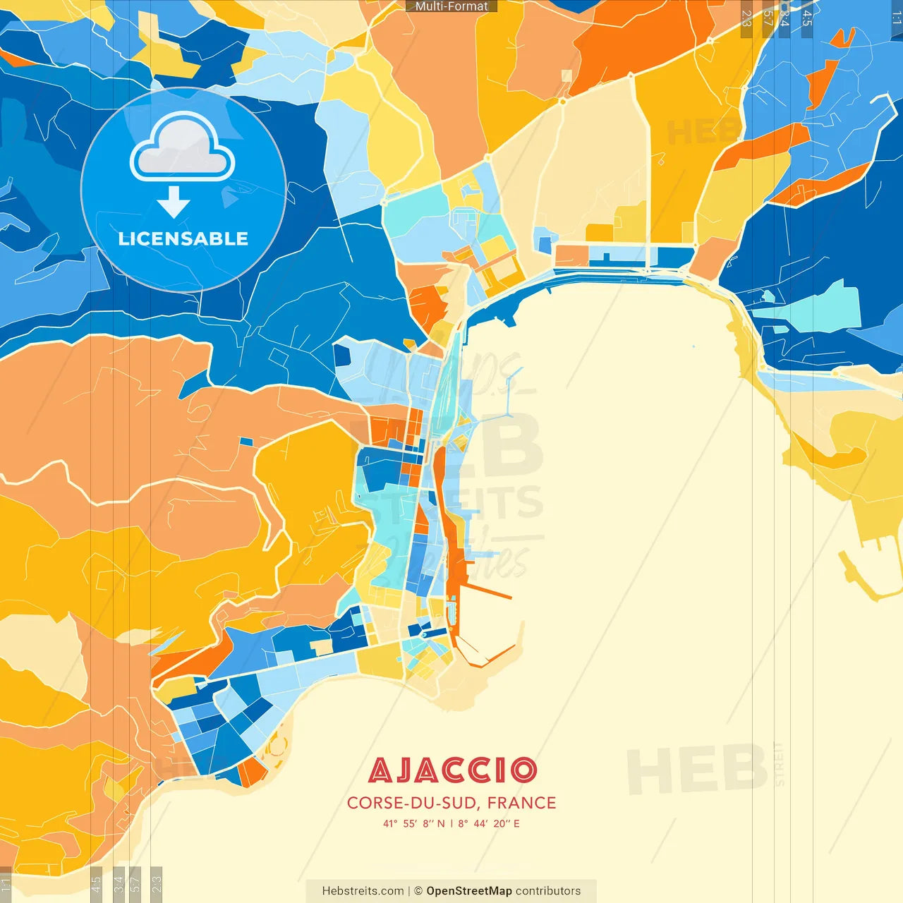 Ajaccio, Corse-du-Sud, France blue and orange vector art map template