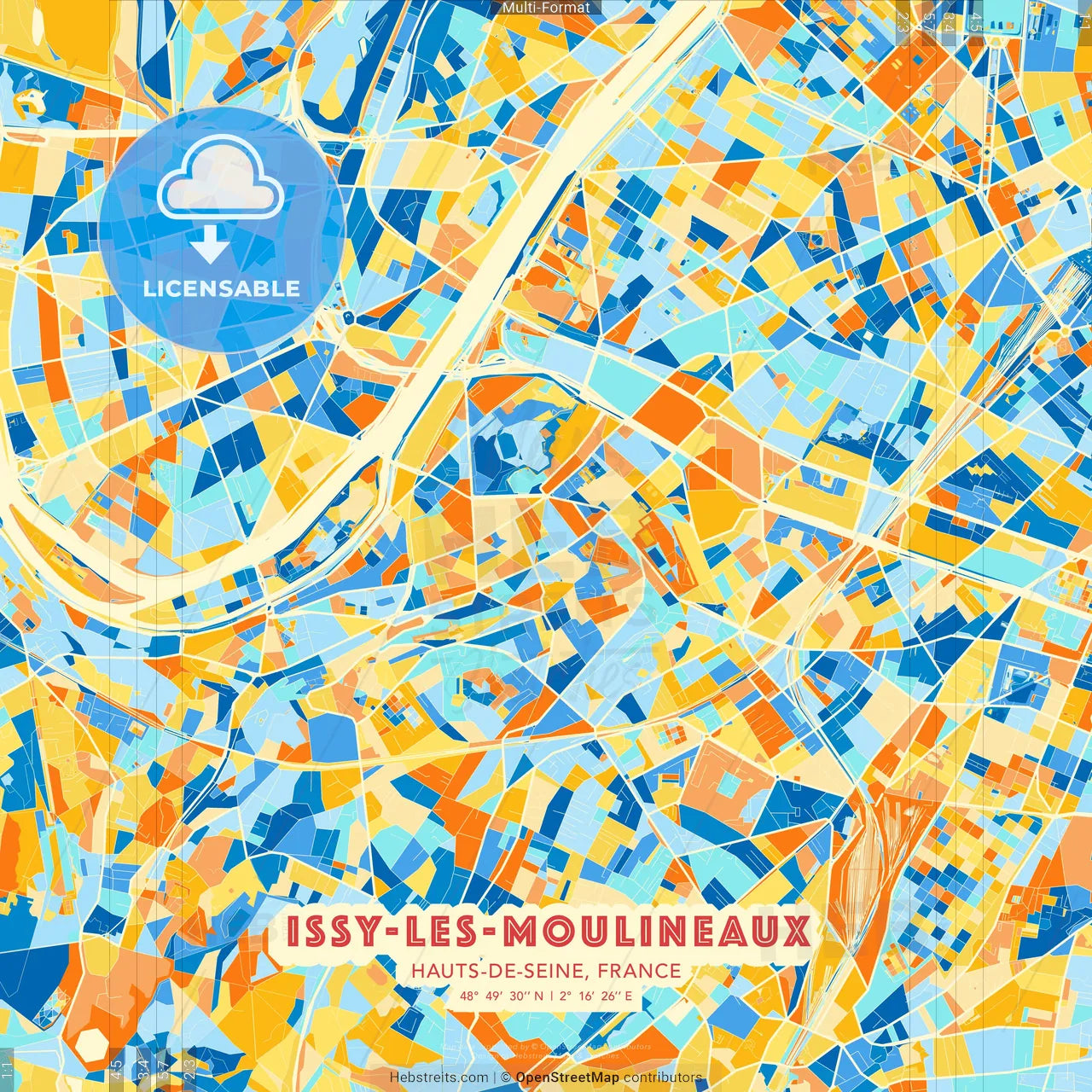 Issy-les-Moulineaux, Hauts-de-Seine, France blue and orange vector art map template