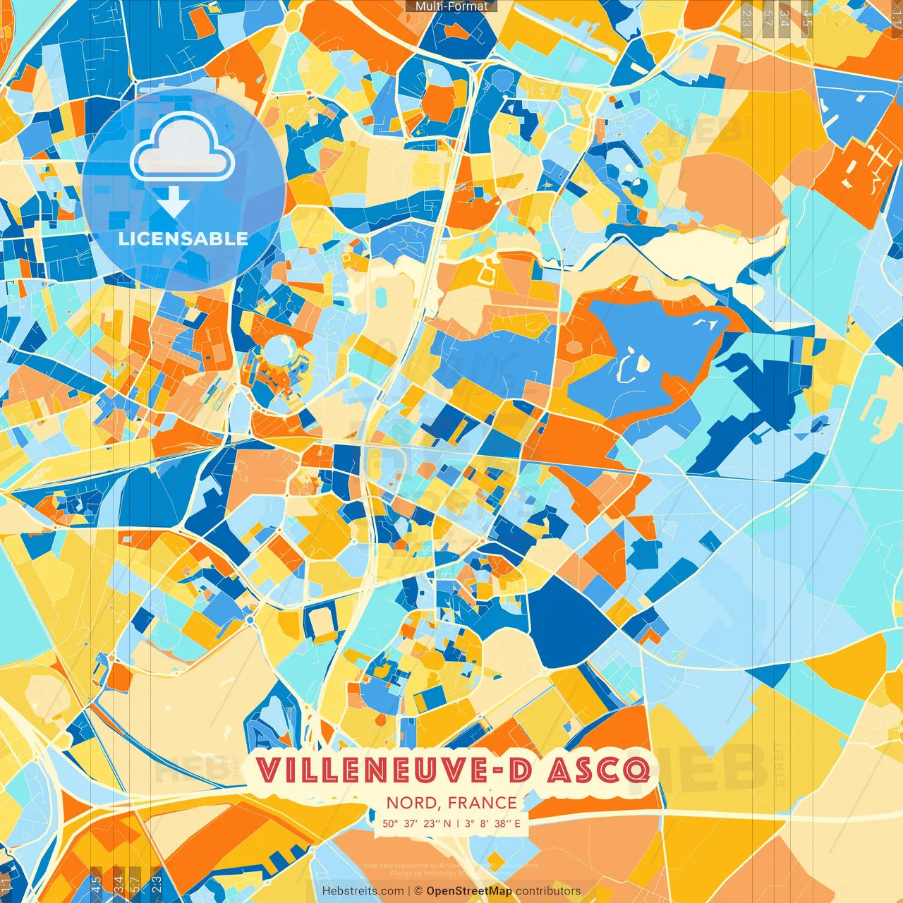 Villeneuve-d Ascq, Nord, France blue and orange vector art map template