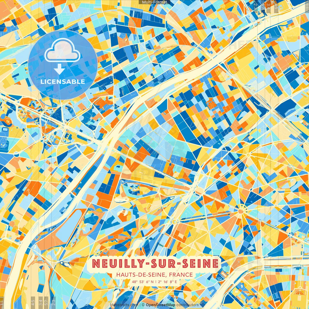 Neuilly-sur-Seine, Hauts-de-Seine, France blue and orange vector art map template
