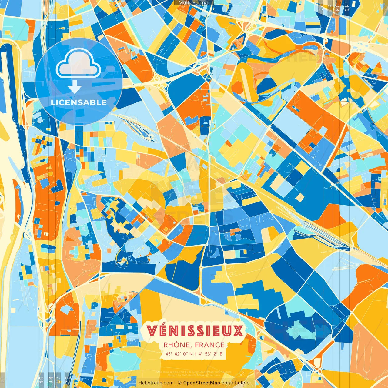 Vénissieux, Rhône, France blue and orange vector art map template