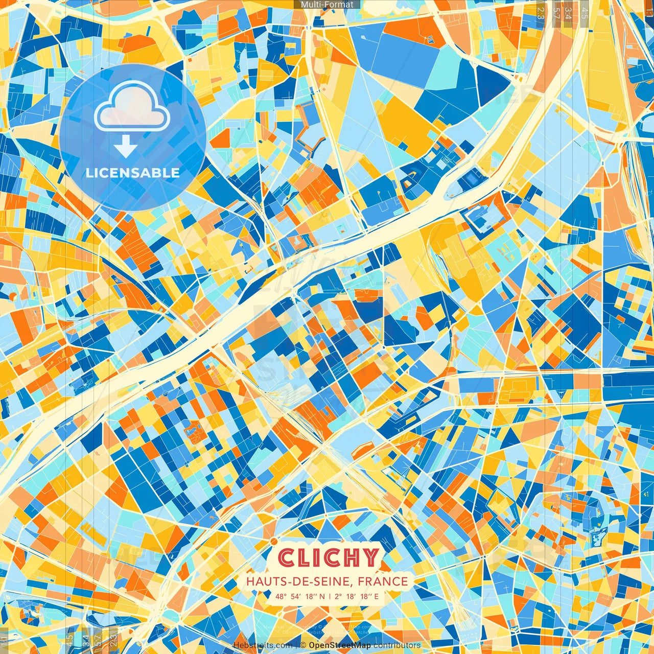 Clichy, Hauts-de-Seine, France blue and orange vector art map template
