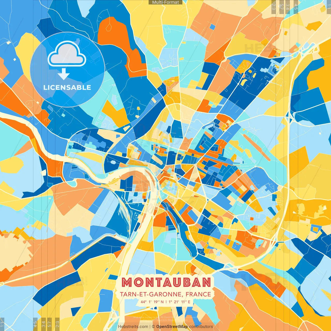 Montauban, Tarn-et-Garonne, France blue and orange vector art map template