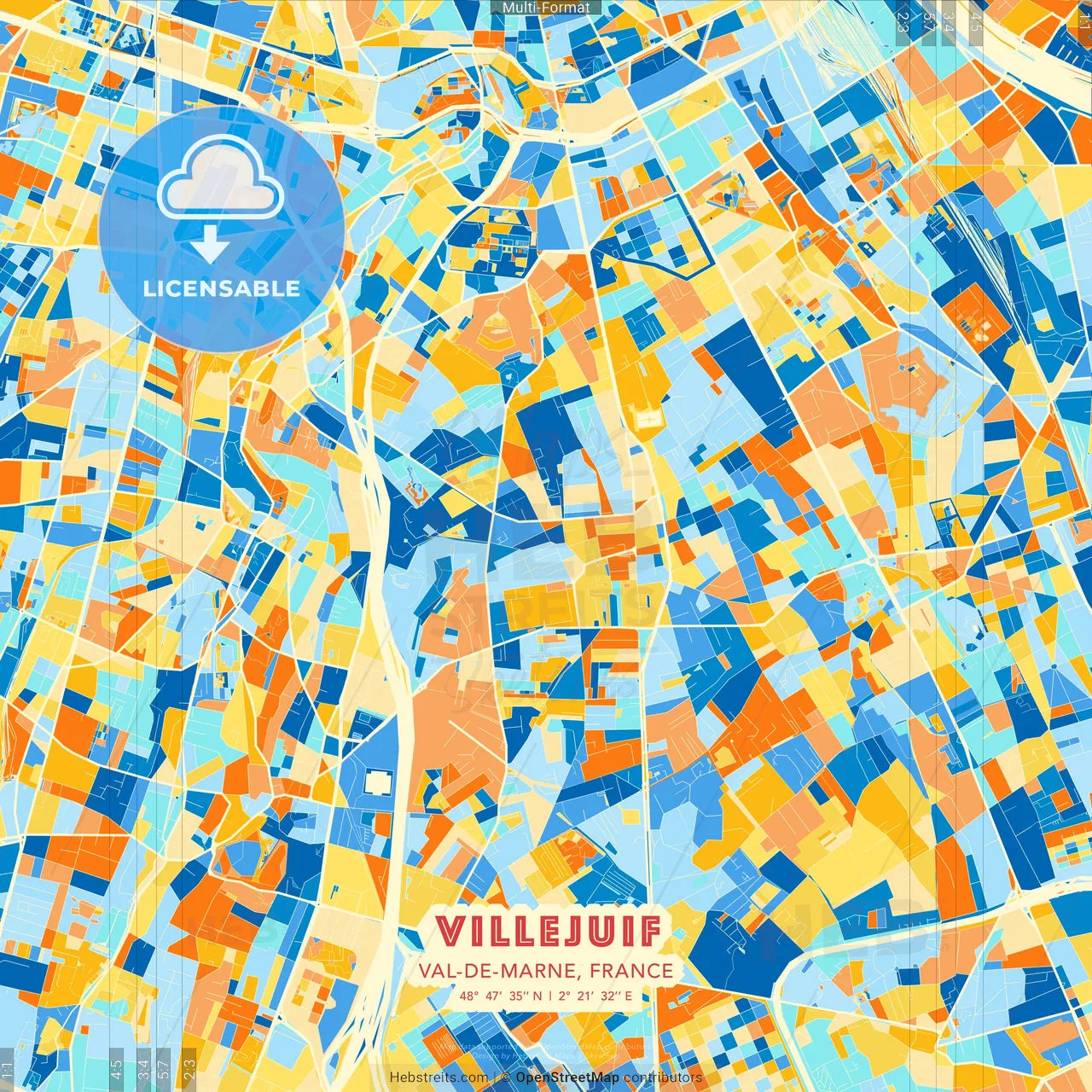 Villejuif, Val-de-Marne, France blue and orange vector art map template