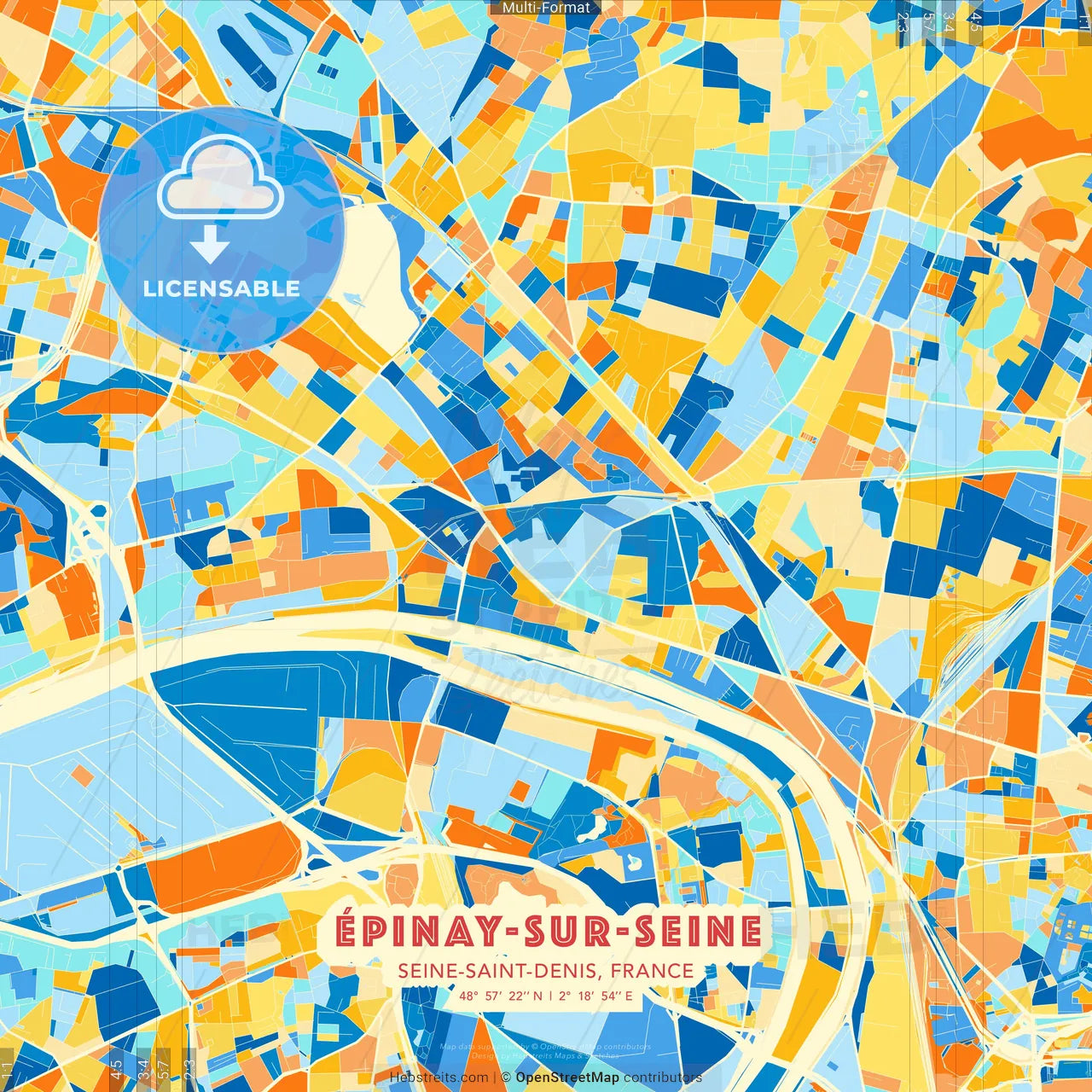 Épinay-sur-Seine, Seine-Saint-Denis, France blue and orange vector art map template