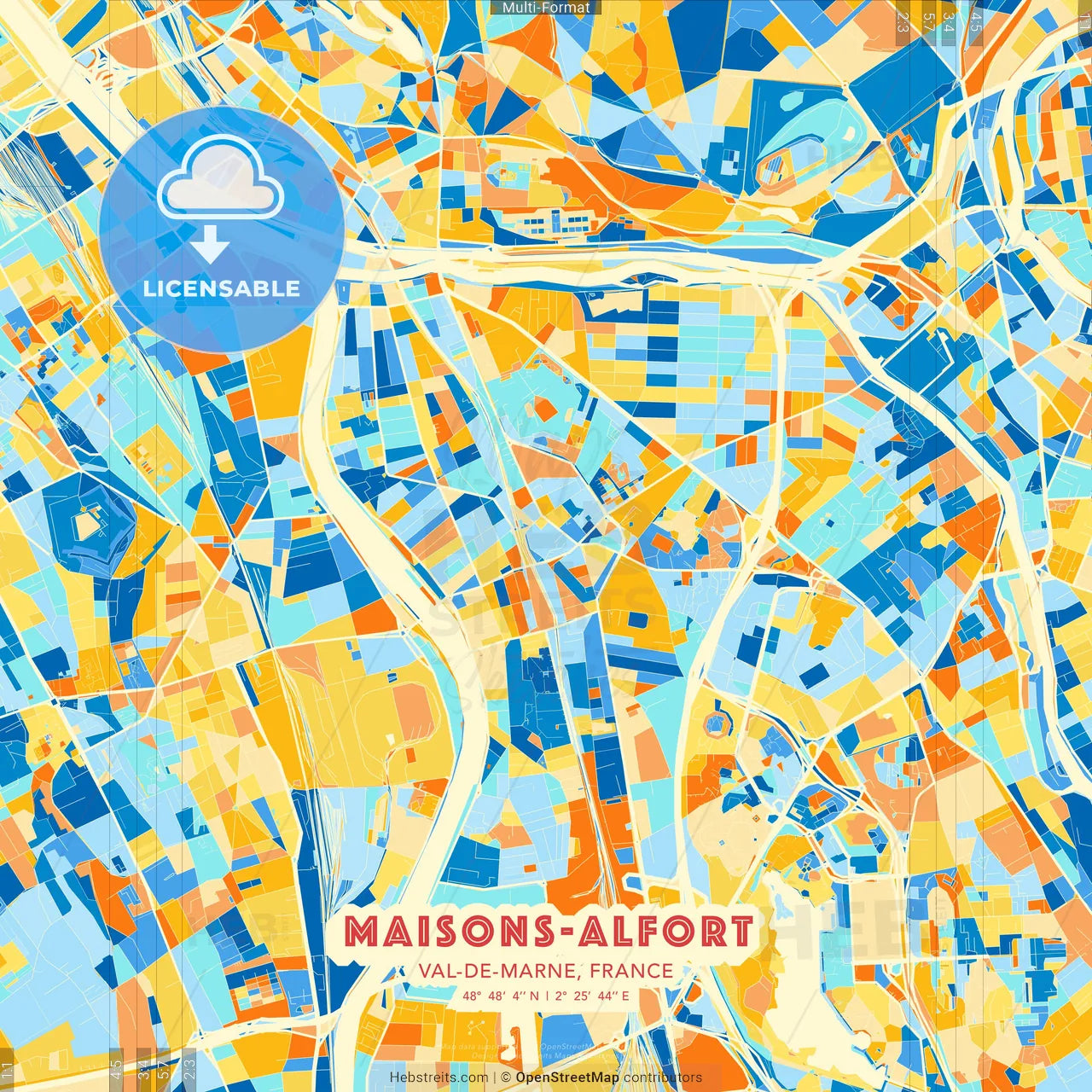 Maisons-Alfort, Val-de-Marne, France blue and orange vector art map template