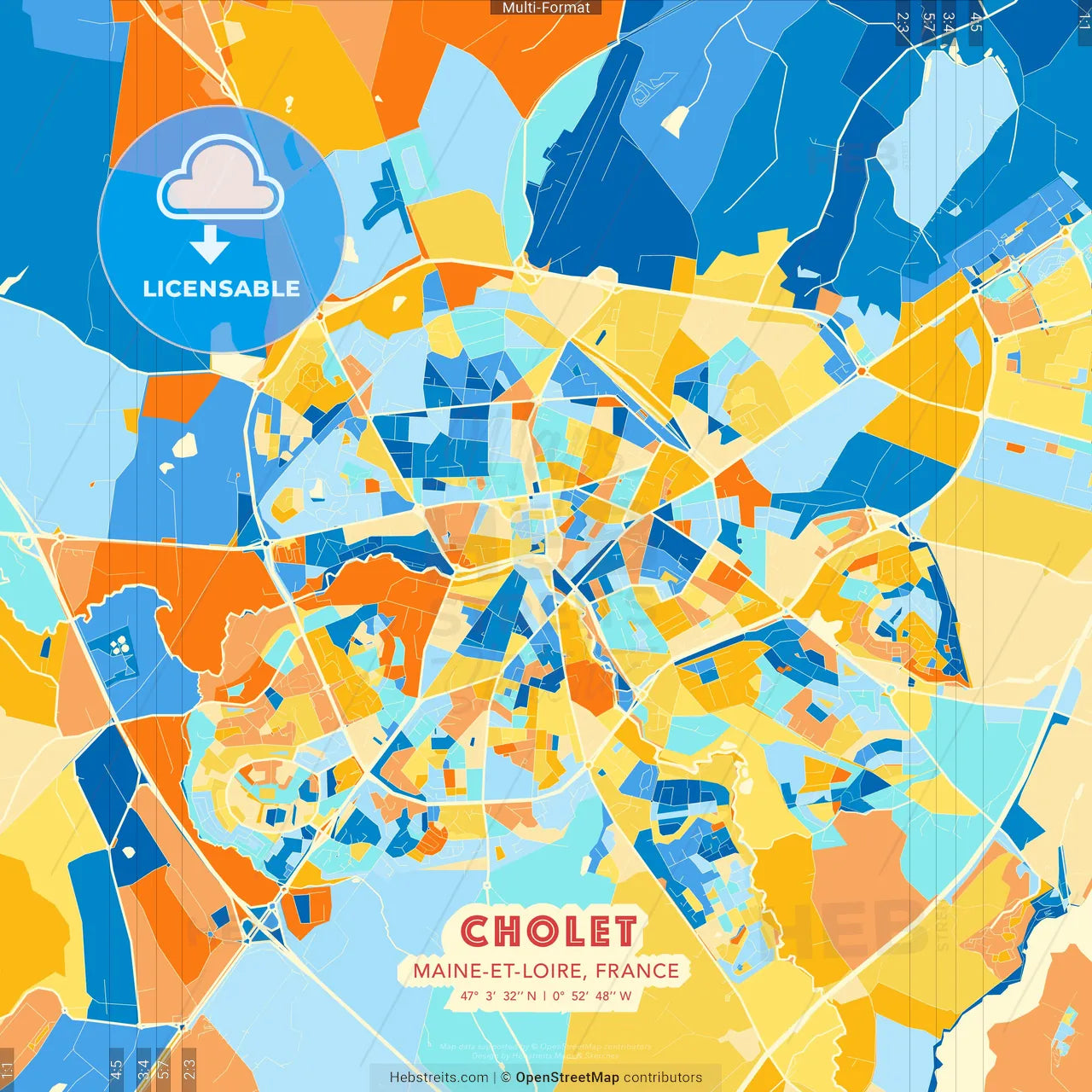 Cholet, Maine-et-Loire, France blue and orange vector art map template