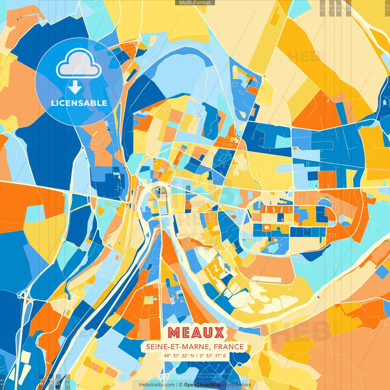 Meaux, Seine-et-Marne, France blue and orange vector art map template