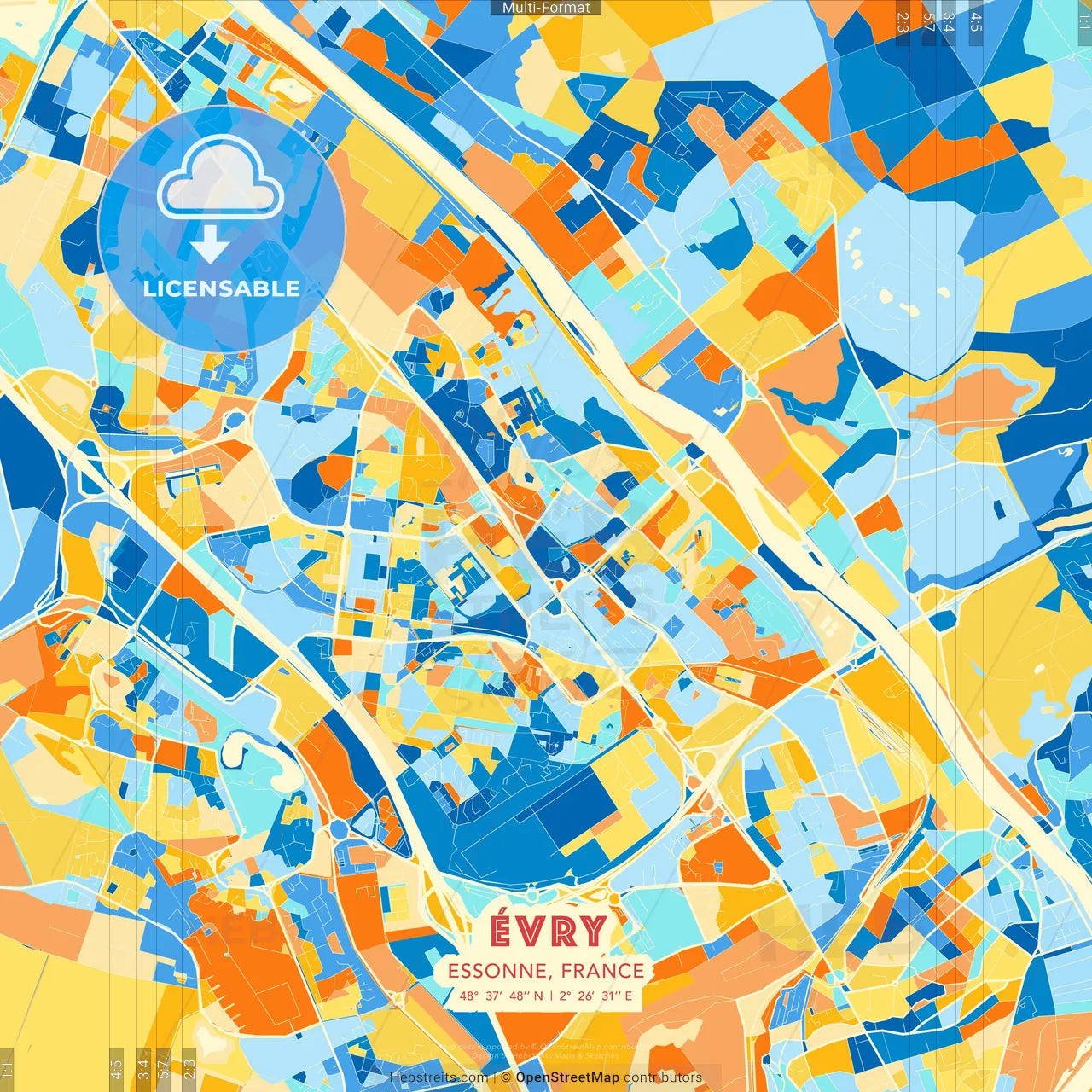 Évry, Essonne, France blue and orange vector art map template