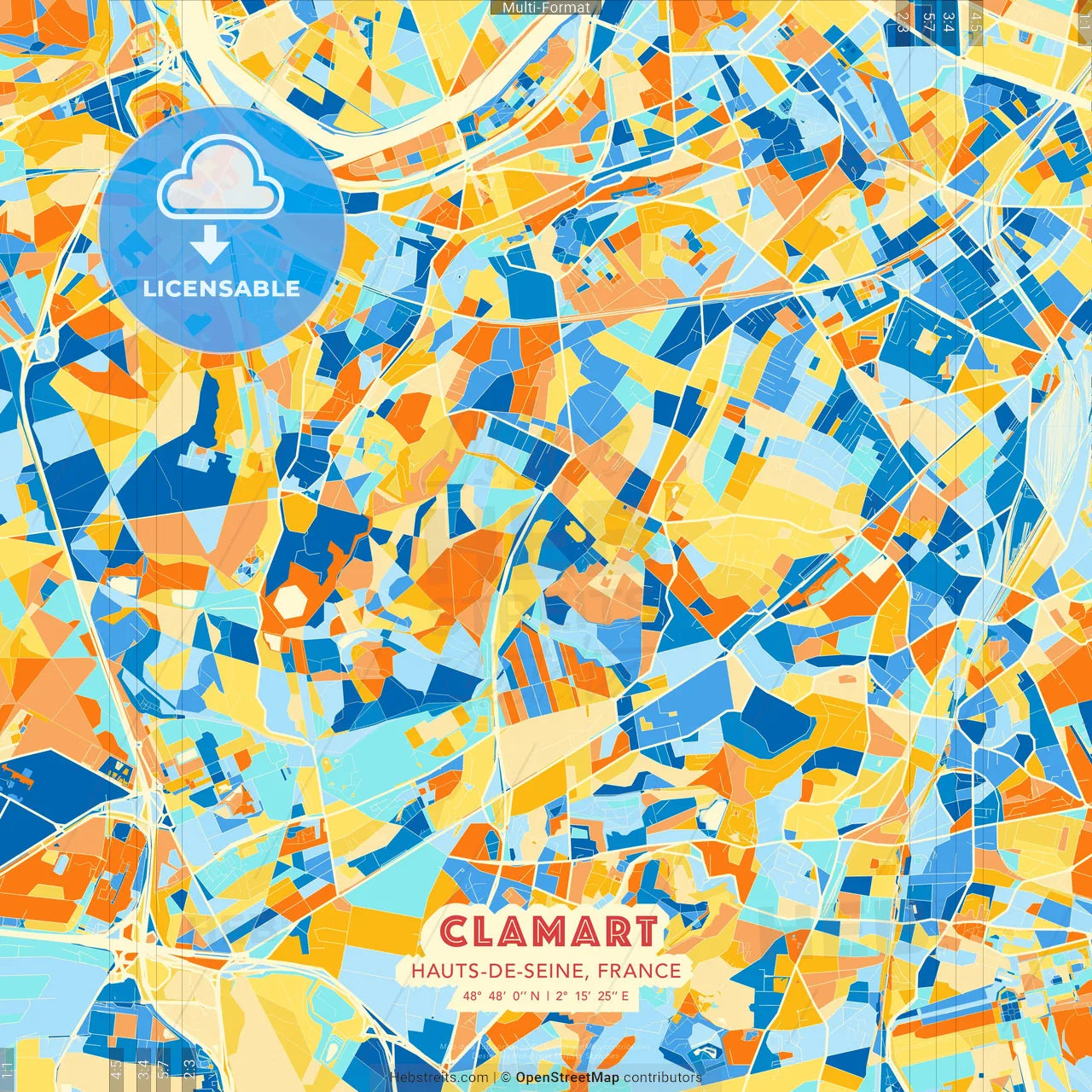 Clamart, Hauts-de-Seine, France blue and orange vector art map template