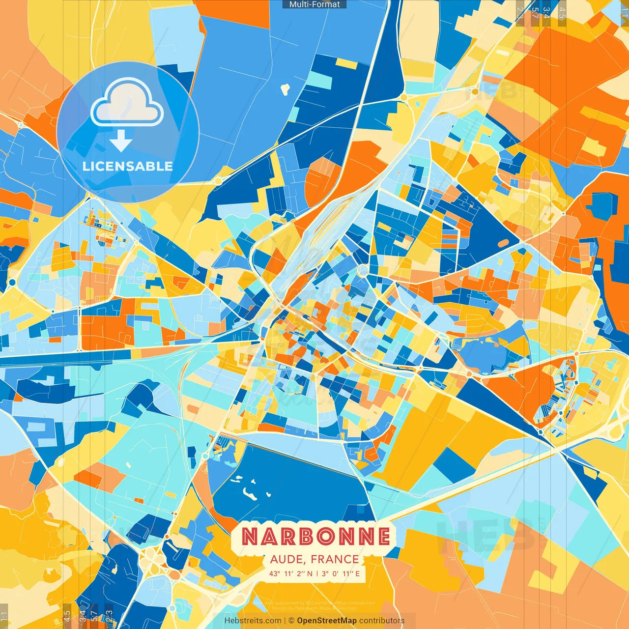 Narbonne, Aude, France blue and orange vector art map template