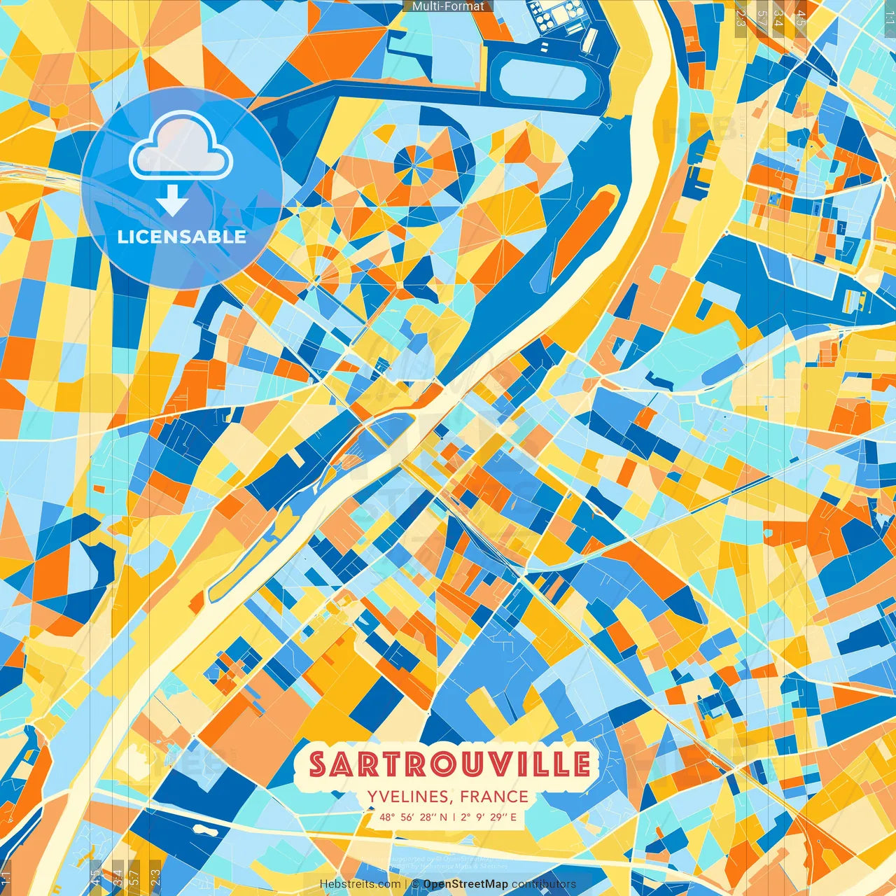 Sartrouville, Yvelines, France blue and orange vector art map template