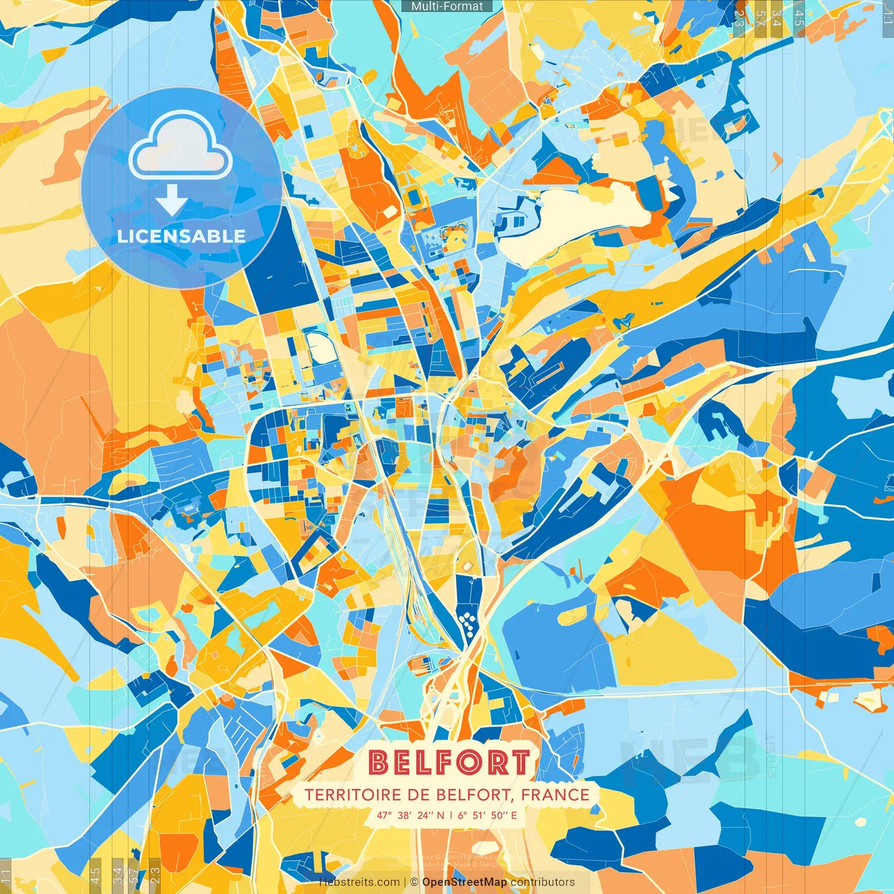 Belfort, Territoire de Belfort, France blue and orange vector art map template