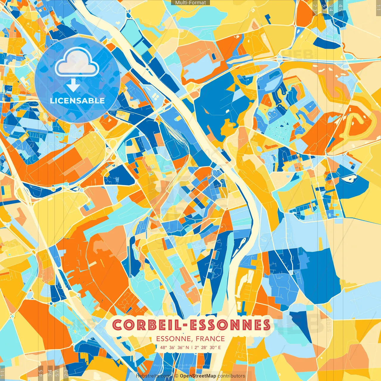 Corbeil-Essonnes, Essonne, France blue and orange vector art map template