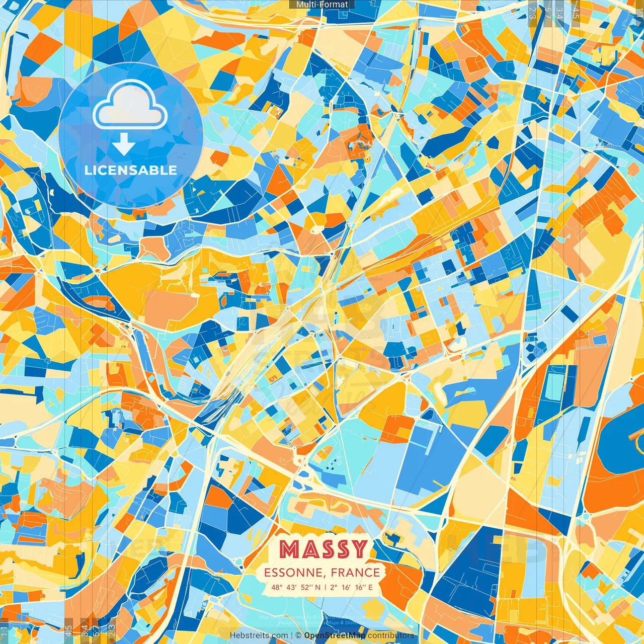 Massy, Essonne, France blue and orange vector art map template