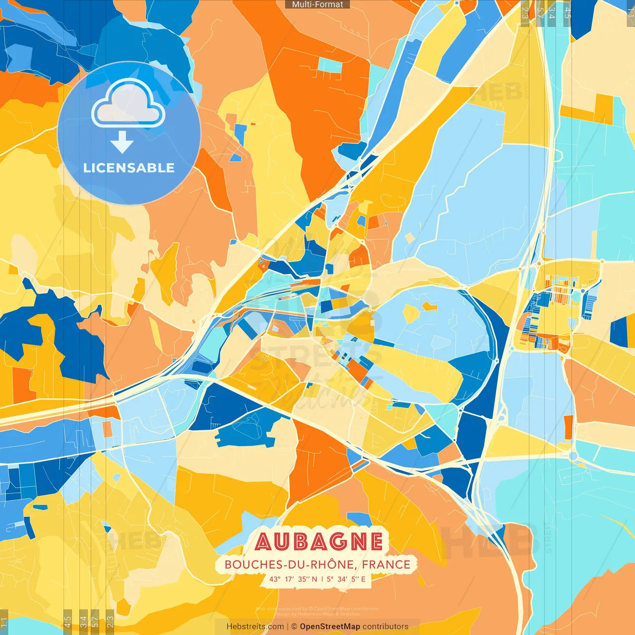 Aubagne, Bouches-du-Rhône, France blue and orange vector art map template