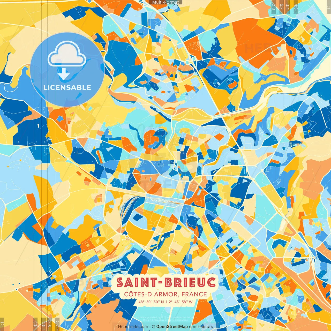 Saint-Brieuc, Côtes-d Armor, France blue and orange vector art map template