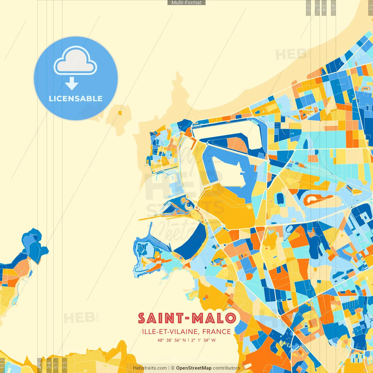 Saint-Malo, Ille-et-Vilaine, France blue and orange vector art map template