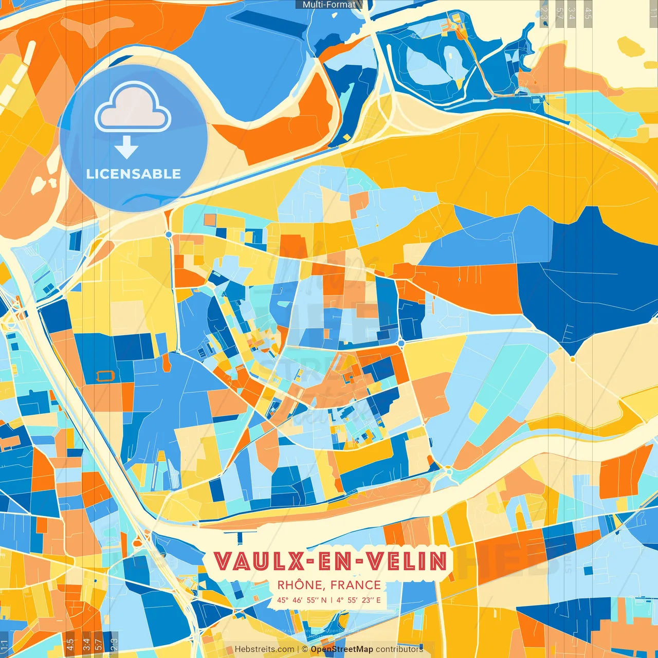 Vaulx-en-Velin, Rhône, France blue and orange vector art map template