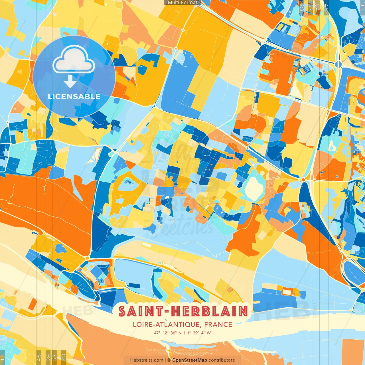 Saint-Herblain, Loire-Atlantique, France blue and orange vector art map template