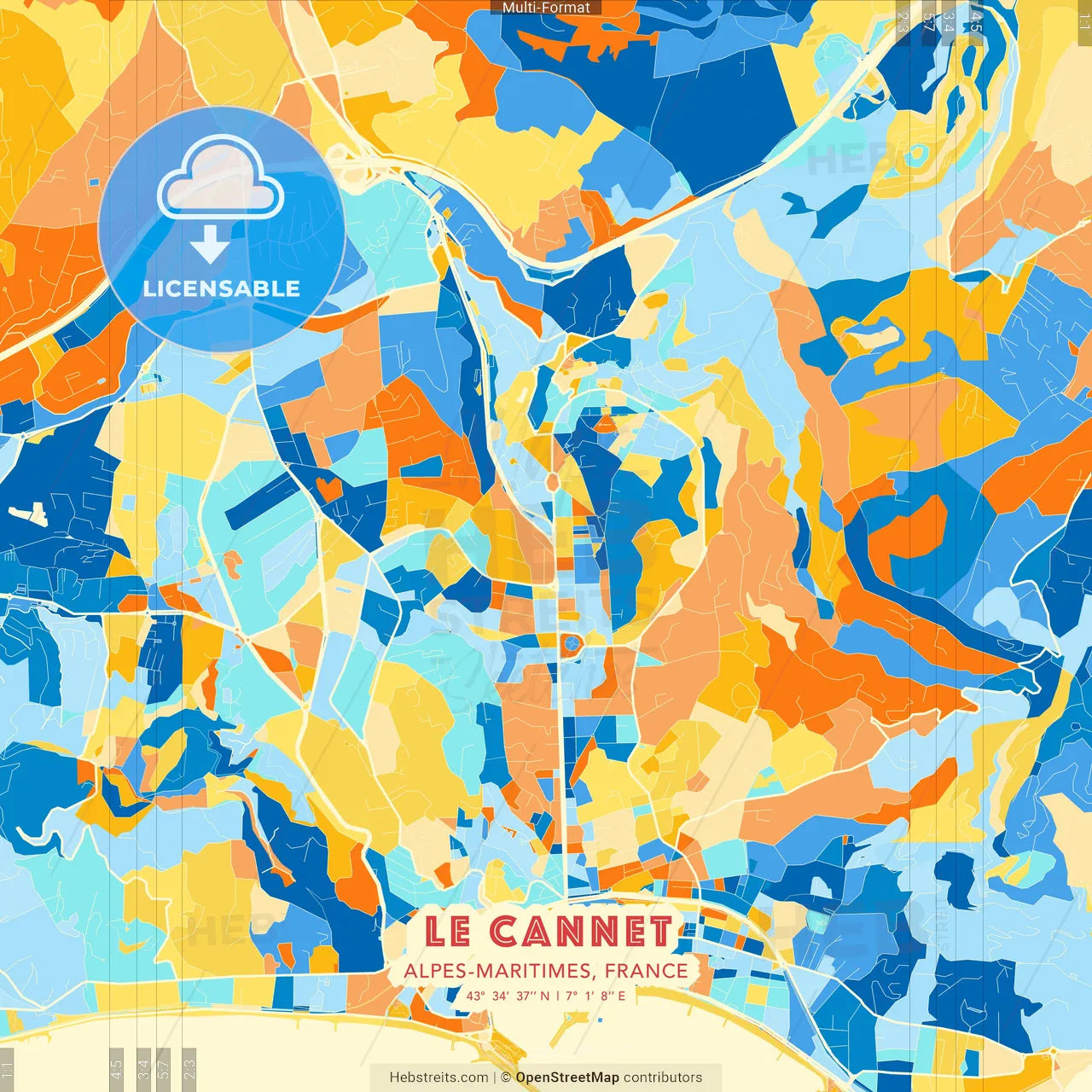 Le Cannet, Alpes-Maritimes, France blue and orange vector art map template