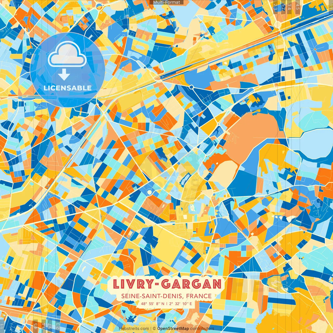 Livry-Gargan, Seine-Saint-Denis, France blue and orange vector art map template