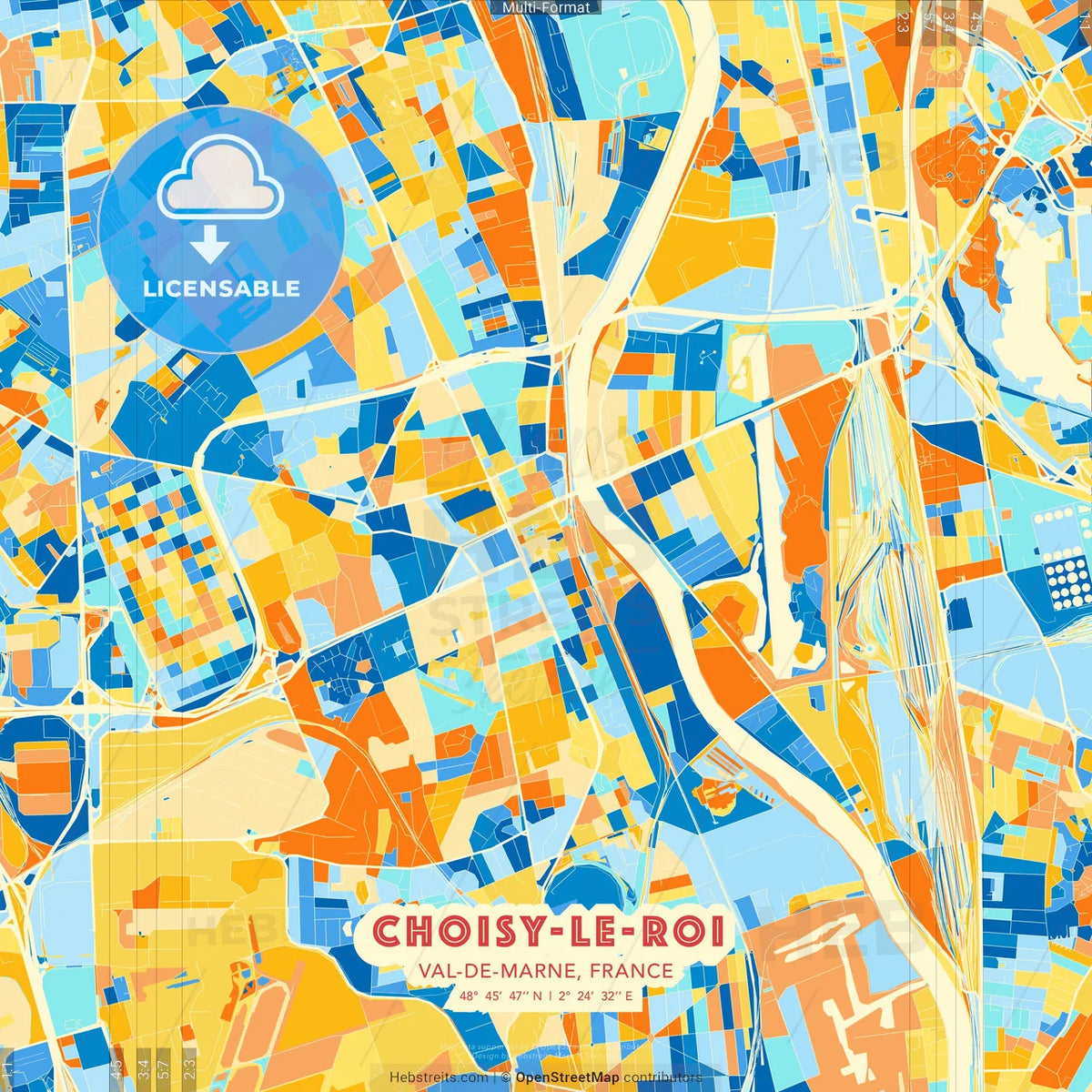 Choisy-le-Roi, Val-de-Marne, France blue and orange vector art map template