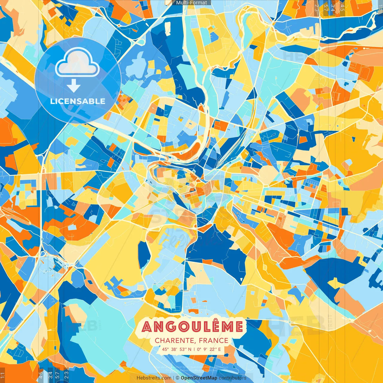 Angoulême, Charente, France blue and orange vector art map template
