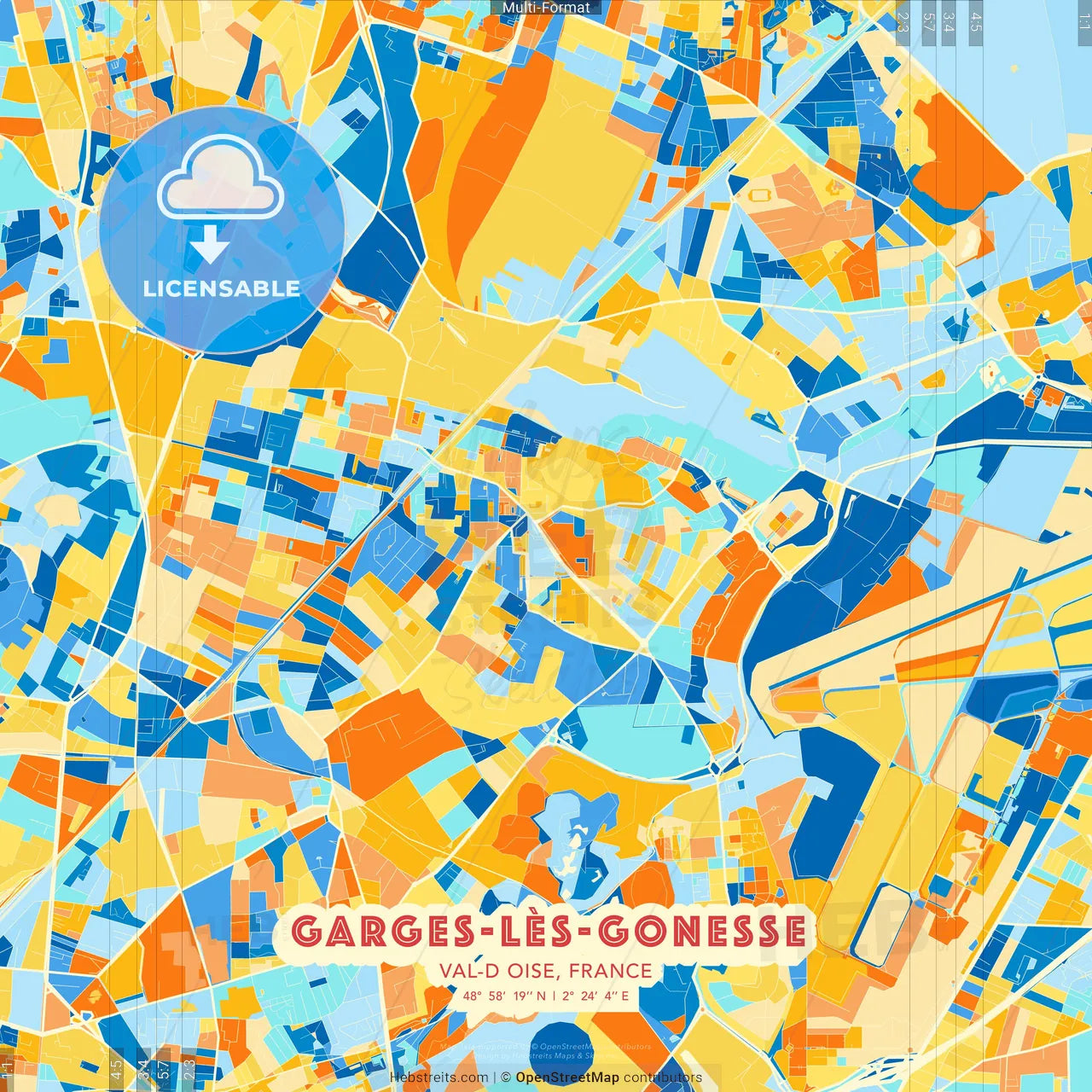 Garges-lès-Gonesse, Val-d Oise, France blue and orange vector art map template