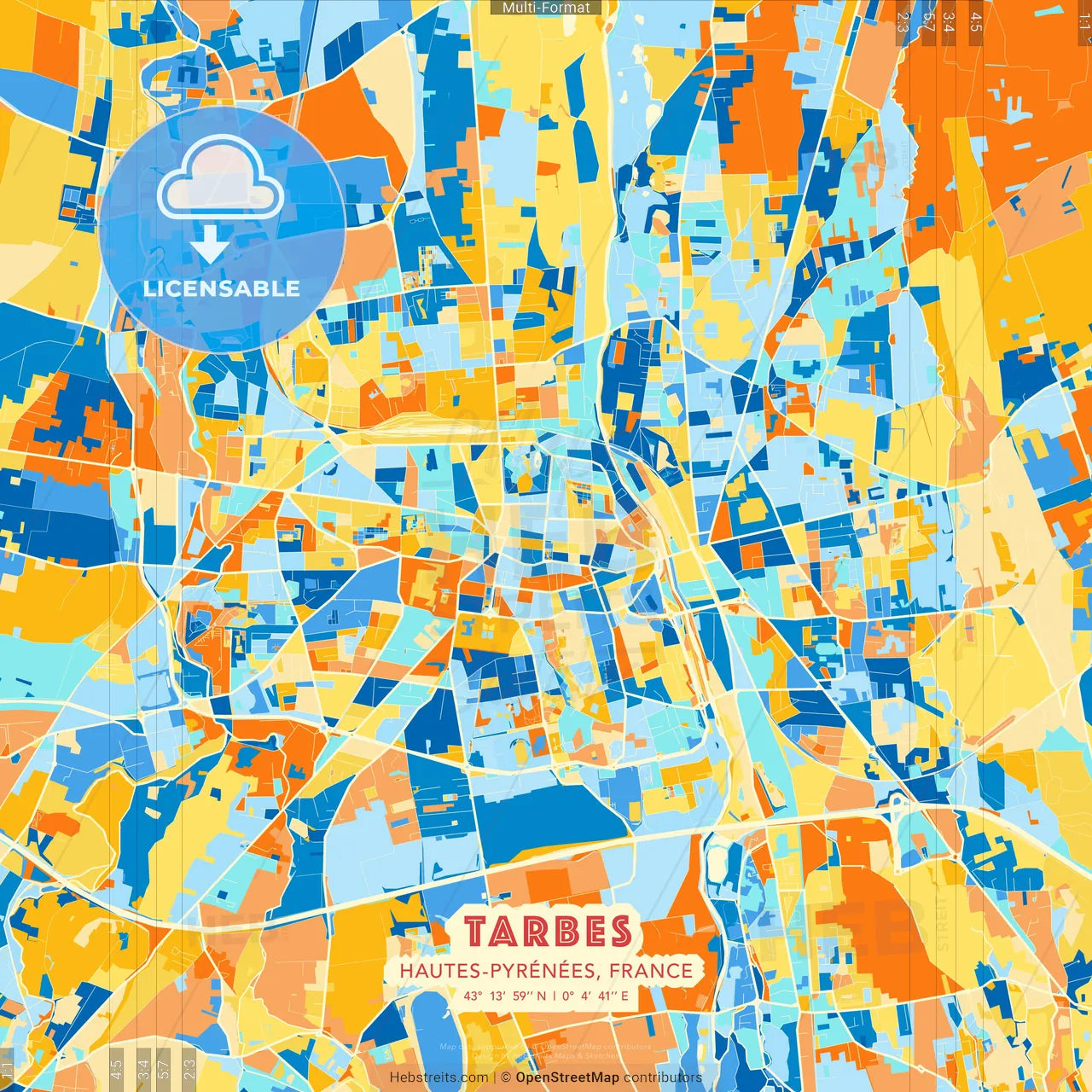 Tarbes, Hautes-Pyrénées, France blue and orange vector art map template