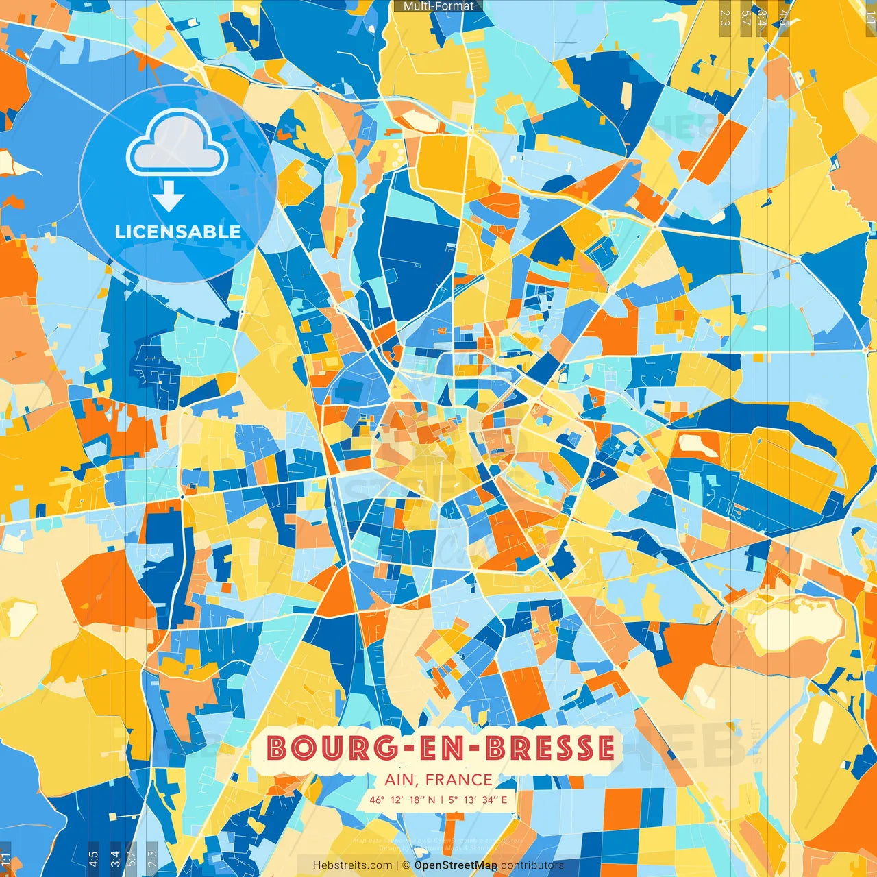 Bourg-en-Bresse, Ain, France blue and orange vector art map template