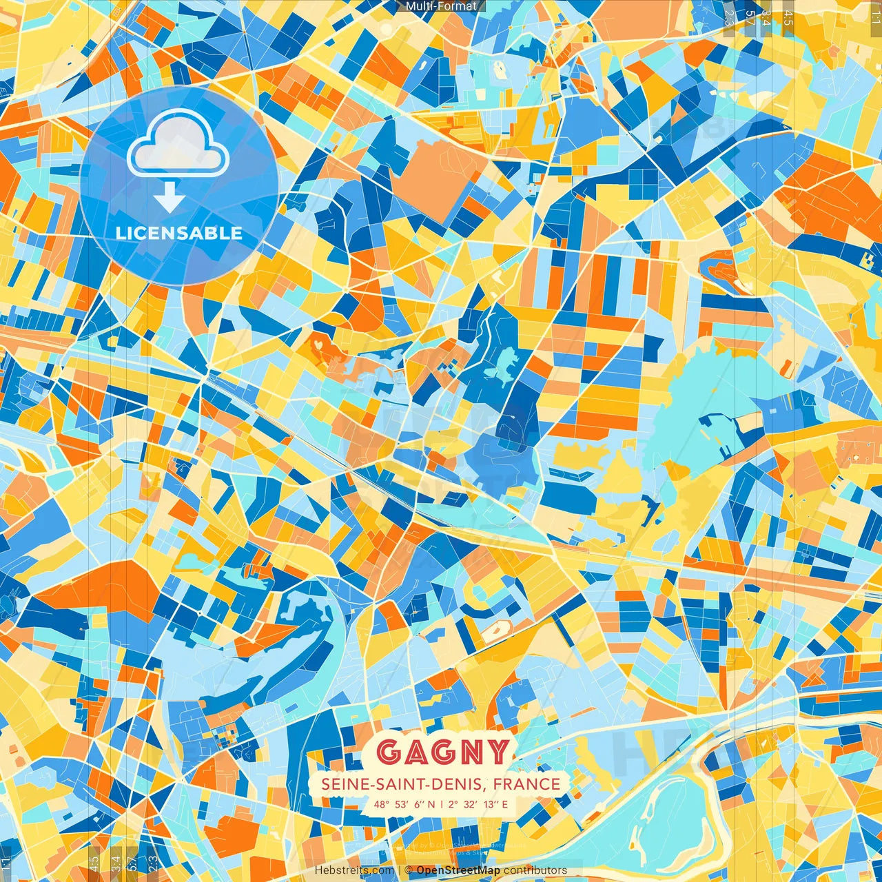 Gagny, Seine-Saint-Denis, France blue and orange vector art map template