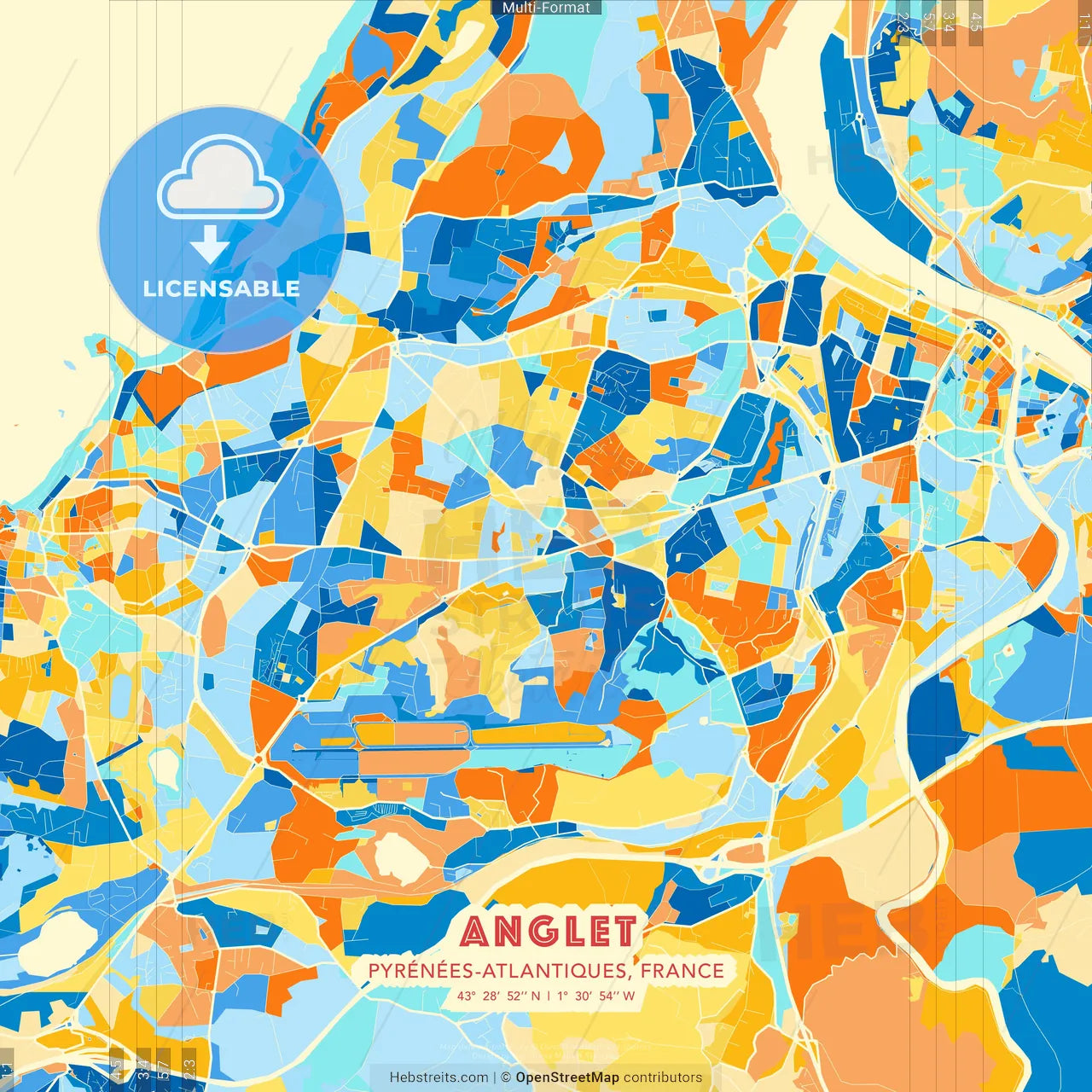 Anglet, Pyrénées-Atlantiques, France blue and orange vector art map template