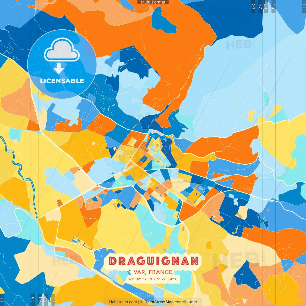 Draguignan, Var, France blue and orange vector art map template