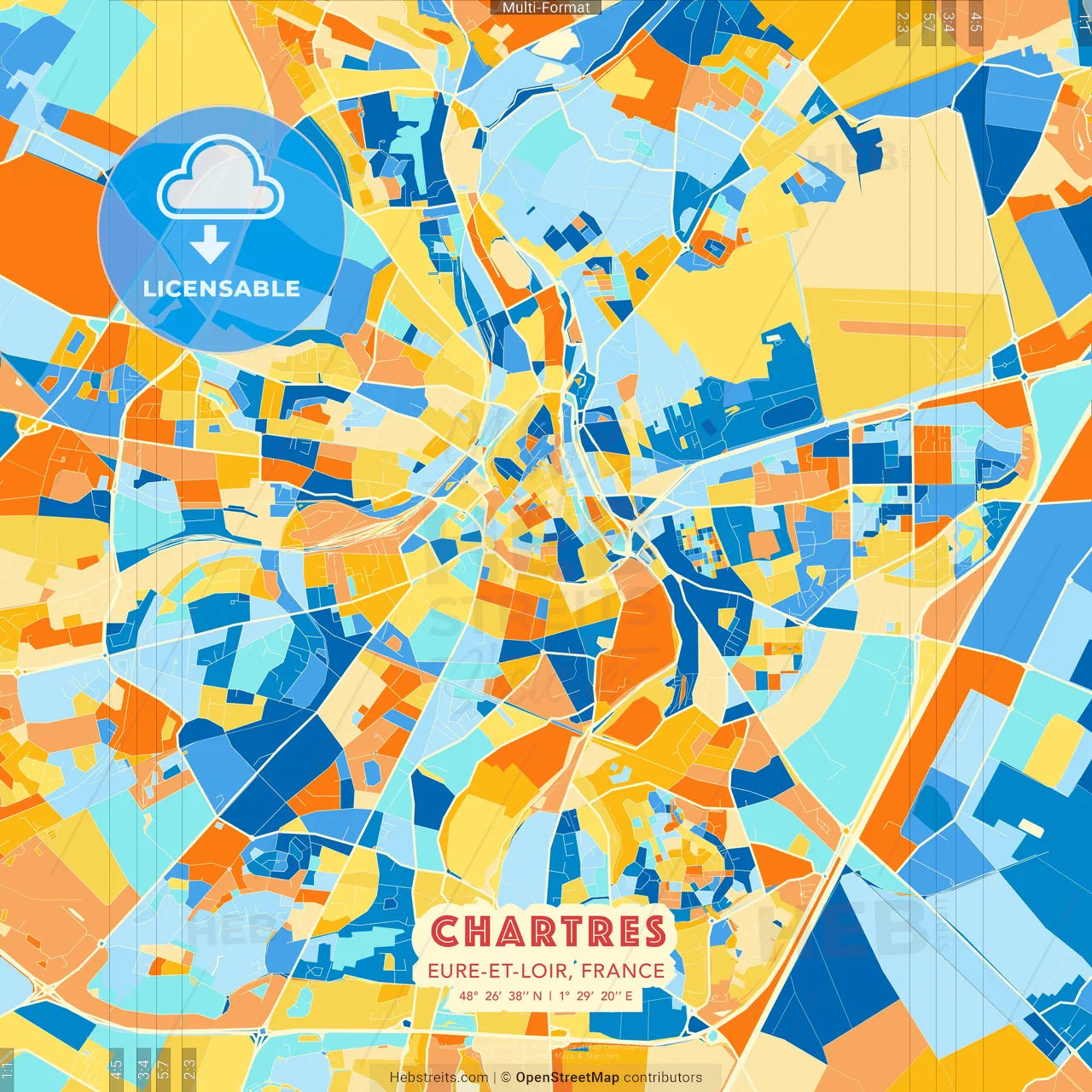 Chartres, Eure-et-Loir, France blue and orange vector art map template