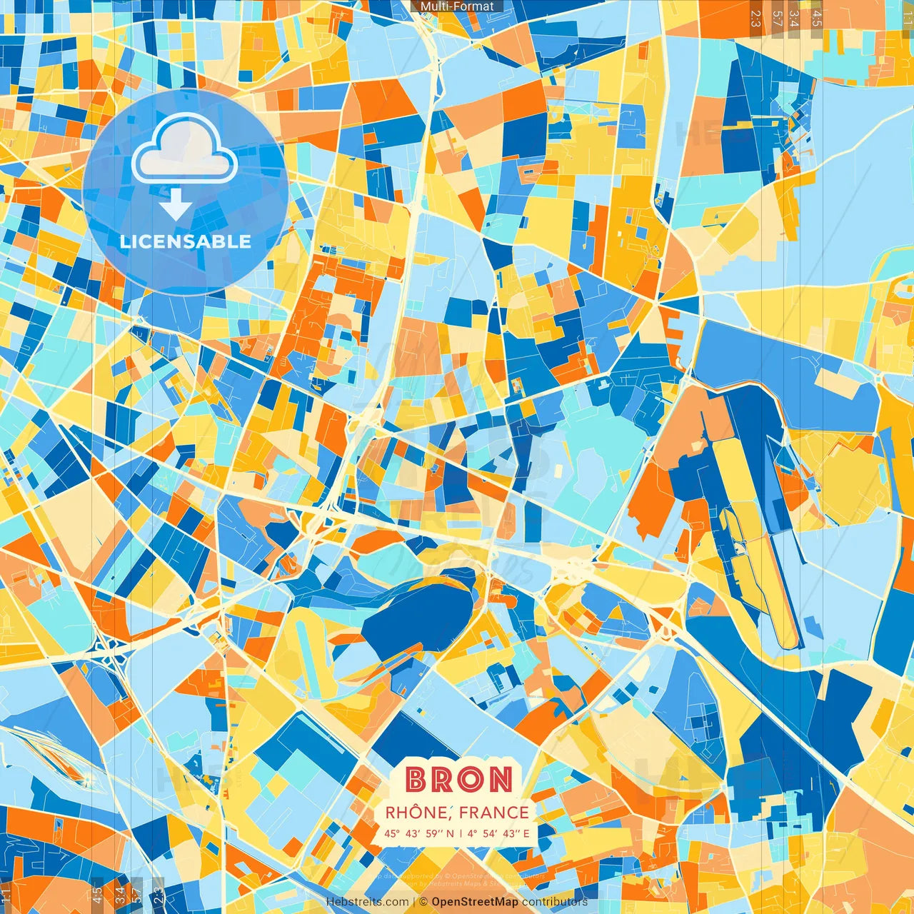 Bron, Rhône, France blue and orange vector art map template