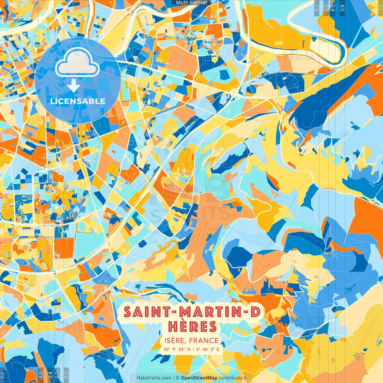Saint-Martin-d Hères, Isère, France blue and orange vector art map template