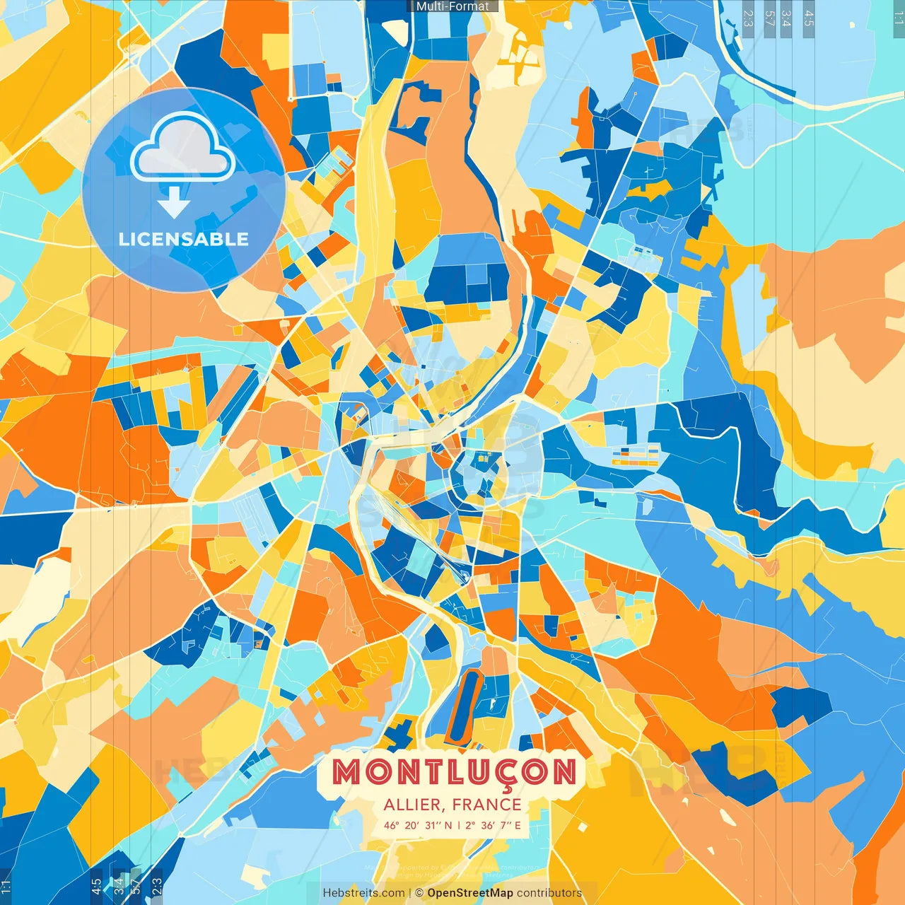 Montluçon, Allier, France blue and orange vector art map template