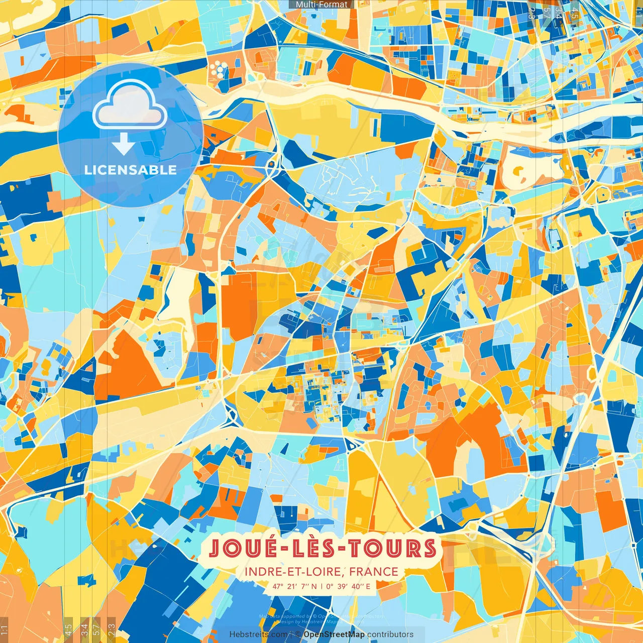 Joué-lès-Tours, Indre-et-Loire, France blue and orange vector art map template