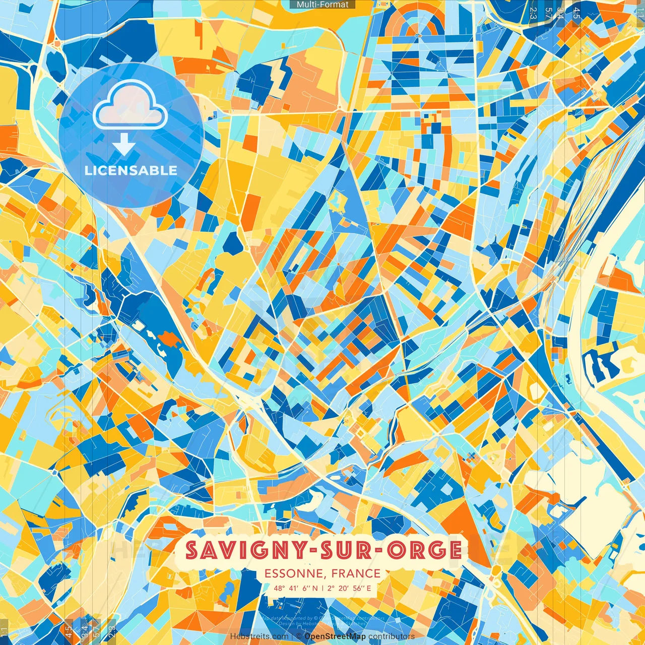 Savigny-sur-Orge, Essonne, France blue and orange vector art map template