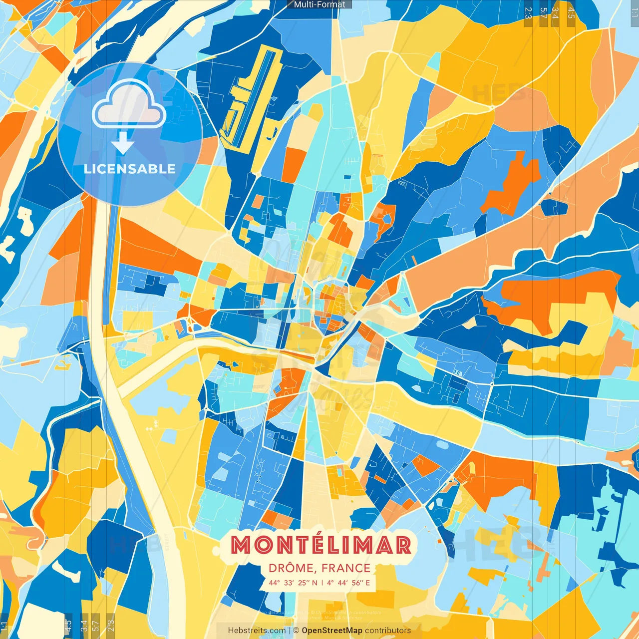 Montélimar, Drôme, France blue and orange vector art map template