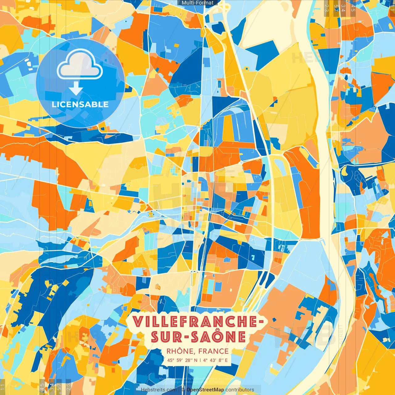 Villefranche-sur-Saône, Rhône, France blue and orange vector art map template
