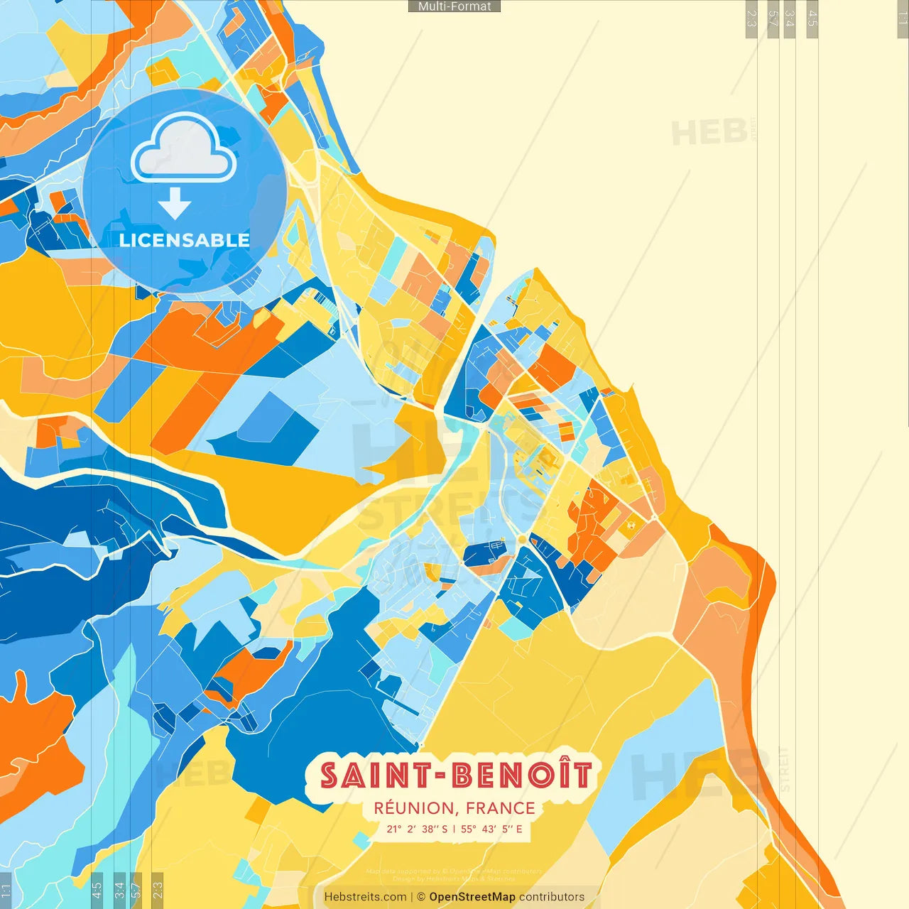 Saint-Benoît, Réunion, France blue and orange vector art map template